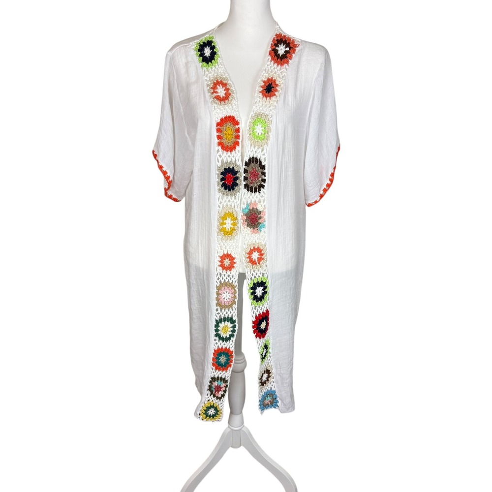 CUPSHE Women's White Crochet Granny Square Trim Kimono Cover Up Casual Beach OS